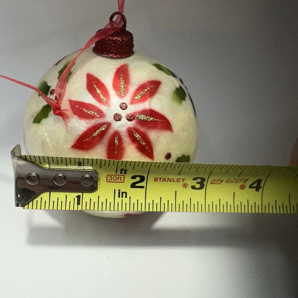Hand Painted Capiz Shell Holiday Ornament Poinsettias 3inch Christmas